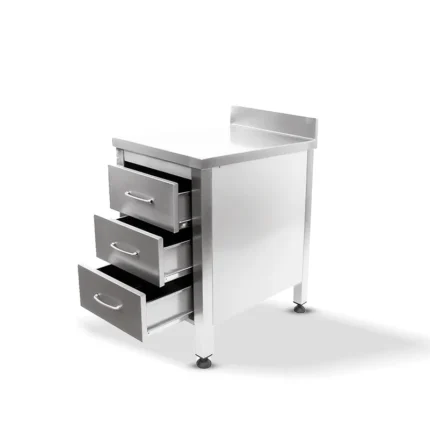 Stainless steel 3-shelf drawer cabinet for commercial kitchen storage in Dubai, UAE.