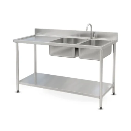 Commercial stainless steel 2 sink bench unit with 1 shelf, heavy-duty 16 gauge,