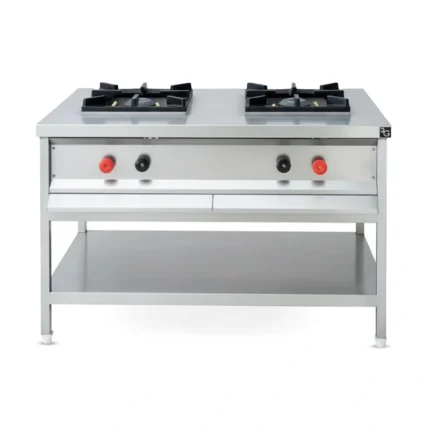 Commercial compact 2 burner gas range with undershelf storage, stainless steel cooking stove, Stellametal UAE.