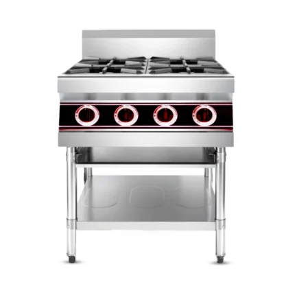 Commercial 4 burner gas range, heavy-duty stainless steel cooking stove for professional restaurant kitchen, Stellametal UAE.