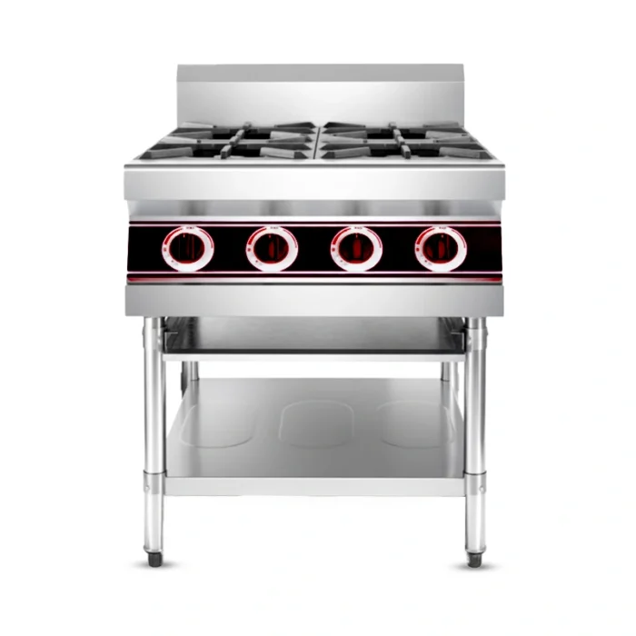 Commercial 4 burner gas range, heavy-duty stainless steel cooking stove for professional restaurant kitchen, Stellametal UAE.