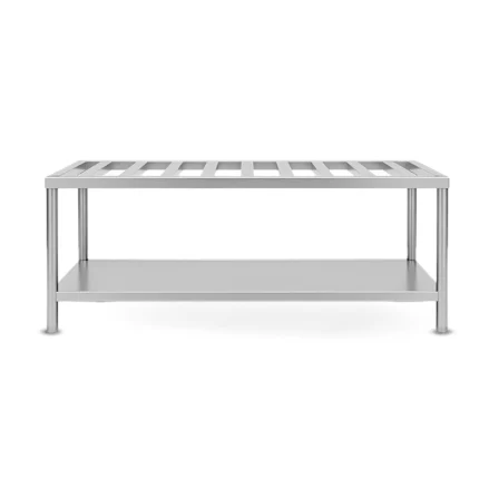 Commercial stainless steel dunnage rack, heavy-duty off-floor food storage, HACCP-compliant, Stellametal kitchen equipment supplier in UAE-Dubai.
