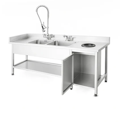 Commercial Dish Landing Table with 2 Sink Bowls, Waste Chute & 1 Shelf