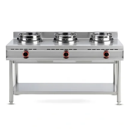 Heavy-duty commercial 3 Burner Gas Wok Stove, designed for high-heat, rapid Asian cooking.