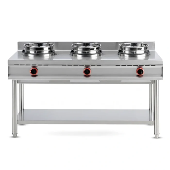 Heavy-duty commercial 3 Burner Gas Wok Stove, designed for high-heat, rapid Asian cooking.
