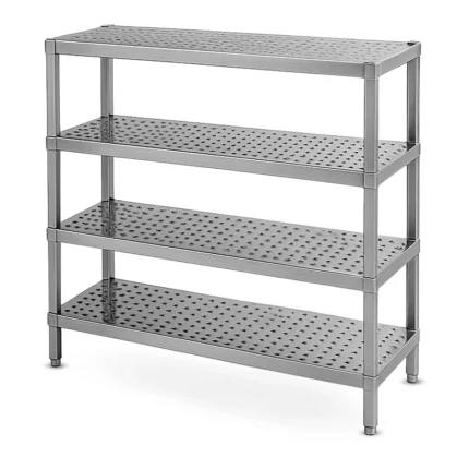 Commercial stainless steel 4-tier perforated storage rack, heavy-duty perforated shelving unit, HACCP-compliant, Stellametal UAE