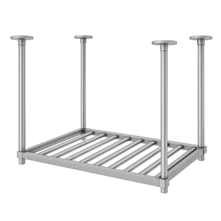 ommercial stainless steel ceiling mounted pot rack with slatted shelf, overhead kitchen storage, heavy-duty, Stellametal HACCP supplier in UAE-Dubai.
