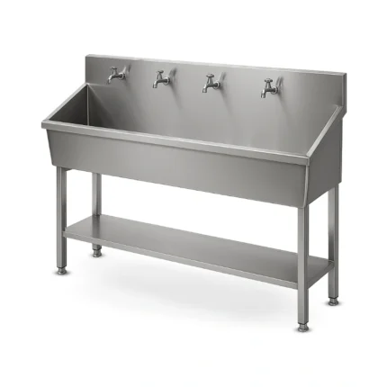 Commercial stainless steel multi-faucet wash sink table with 1 undershelf, heavy-duty 18 gauge, certified Dubai kitchen supply.