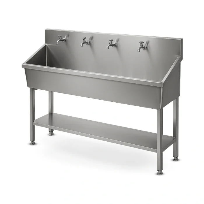 Commercial stainless steel multi-faucet wash sink table with 1 undershelf, heavy-duty 18 gauge, certified Dubai kitchen supply.