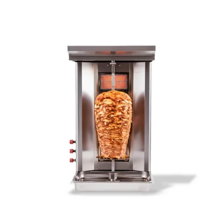 3-burner doner kebab machine with vertical skewer and stainless steel body in UAE kitchen.