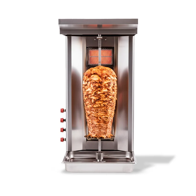 Doner Kebab Machine 4burners commercial 4-burner doner kebab machine with vertical skewer and stainless steel body in UAE kitchen.