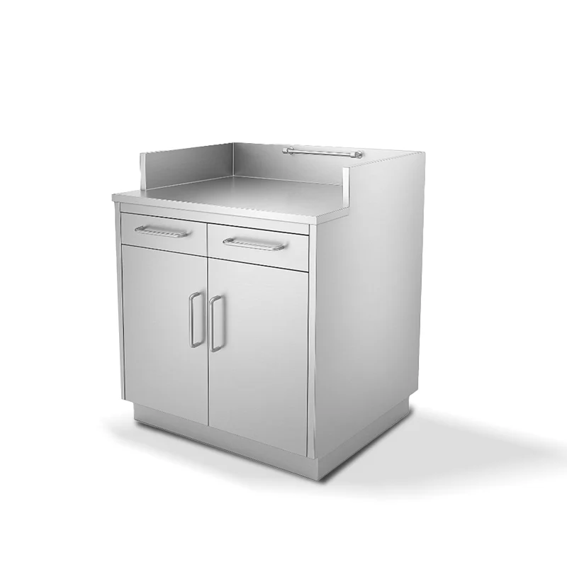 cabinet with hostess base cabinet with 2 drawers, 2 hinged doors, and high back splash for commercial kitchen