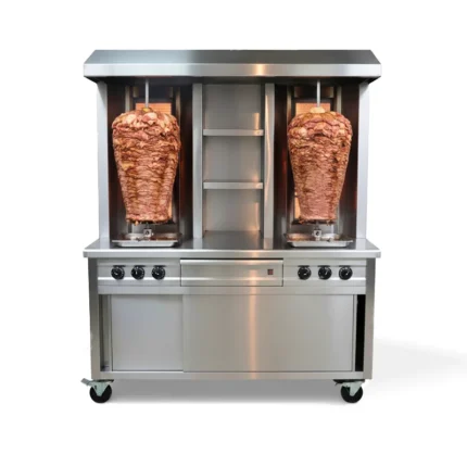 heavy-duty double shawarma machine with two vertical spits and stainless steel storage cabinet in Dubai