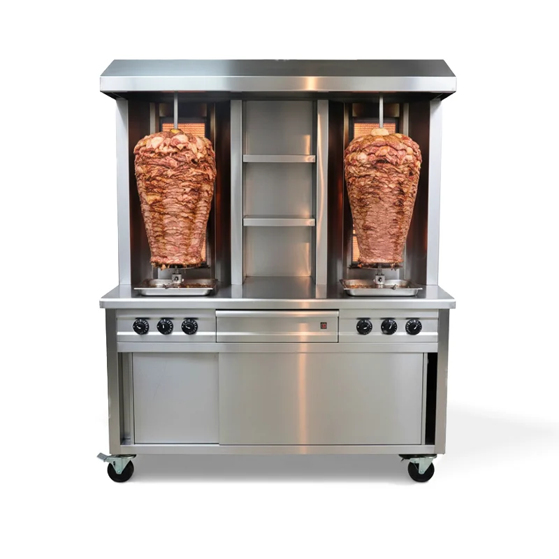 double shawarma cabinet unit heavy-duty double shawarma machine with two vertical spits and stainless steel storage cabinet in Dubai